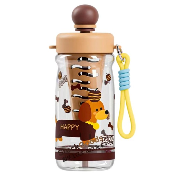 1000ml Brown Dachshund Cartoon Tea Infuser Straw Cup Portable Plastic Water Bottle